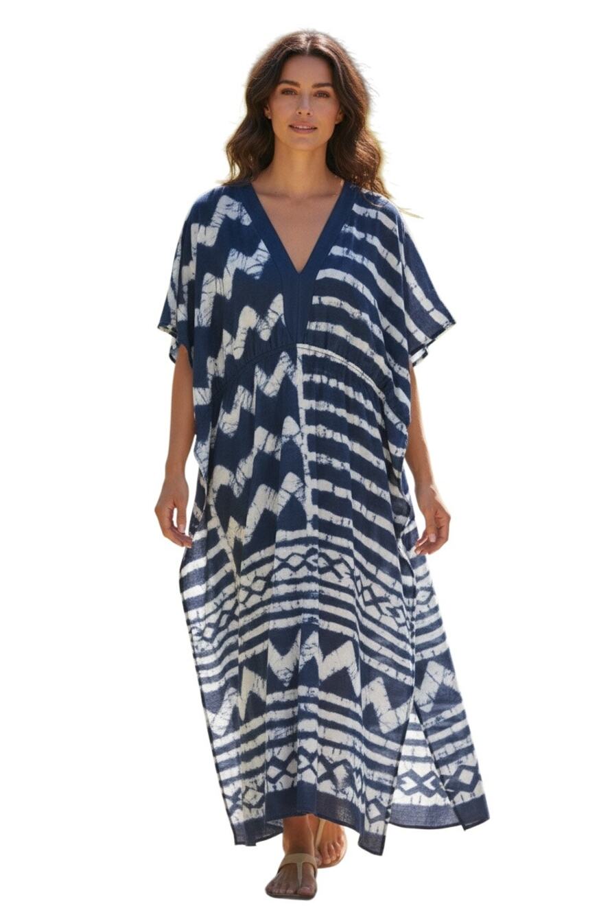 Echo Tali $139 Maxi Classic Bohemian Caftan Cotton Coverup in Inigo Size XS/S